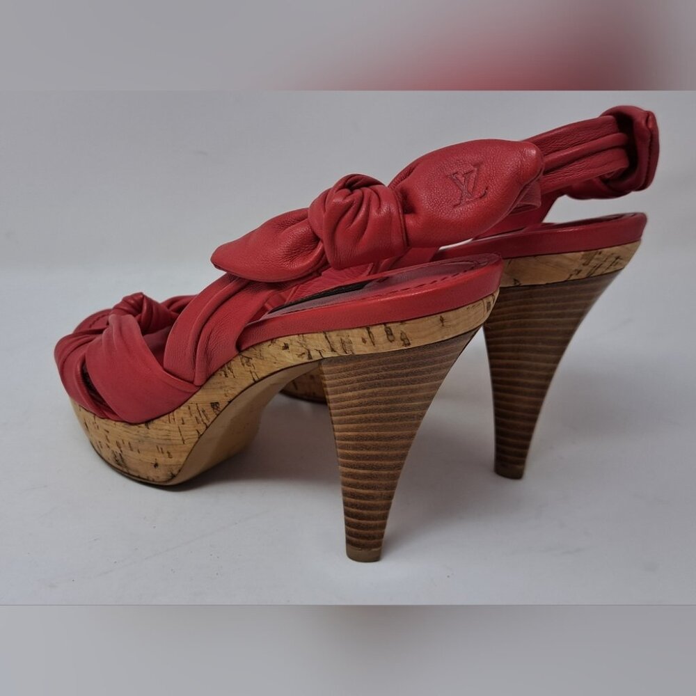 Louis Vuitton Red Leather Platform Slingback Sandals Deerskin Cork 37.5 EU / 7.5 - Picture 11 of 16
